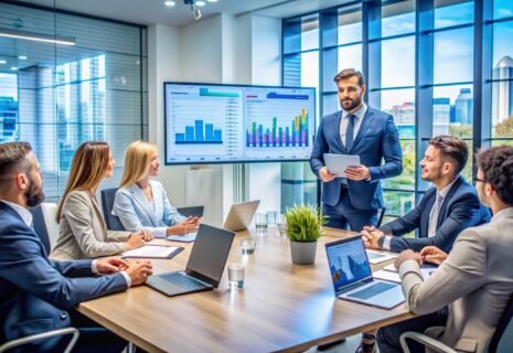 Business people meeting around table with charts.