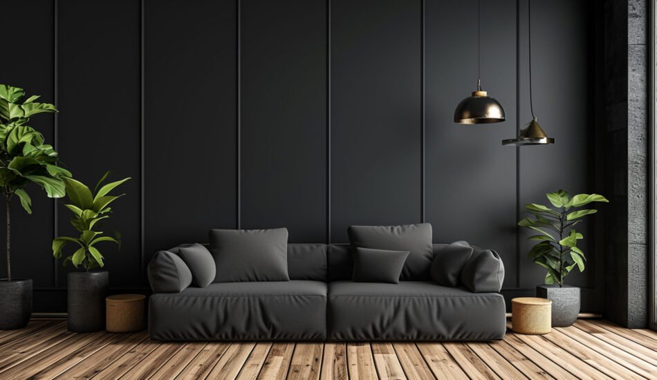A minimalist black interior with a black sofa