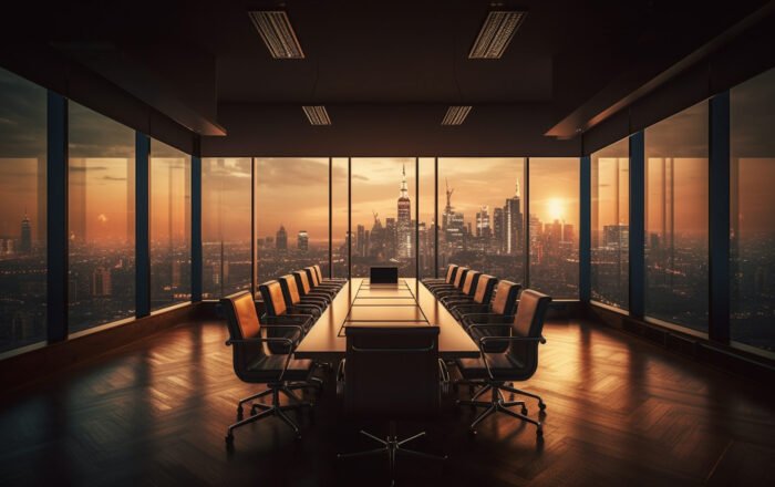 Modern office building features luxury skyline view generated by artificial intelligence
