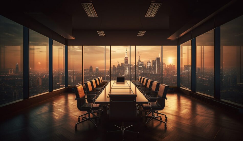 Modern office building features luxury skyline view generated by artificial intelligence